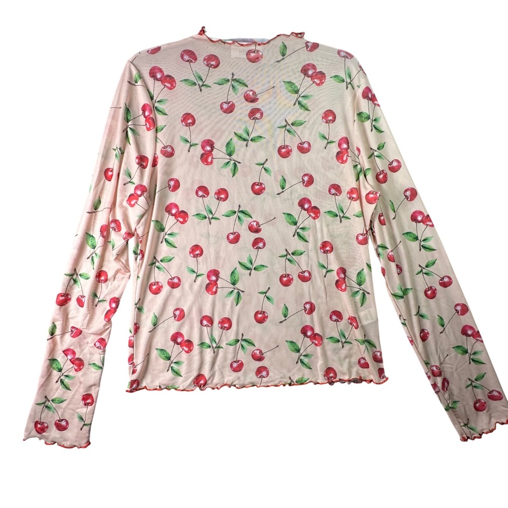 Nylon Apparel Y2K Cherry Print Mesh Sheer Top Lettuce Trim Coquette Pink 3XL